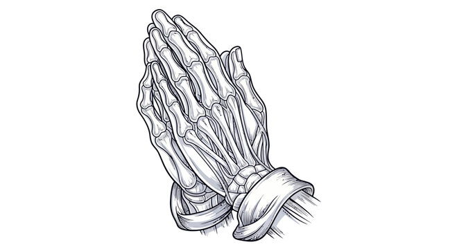 Detailed illustration of praying hands with anatomical skeleton structure