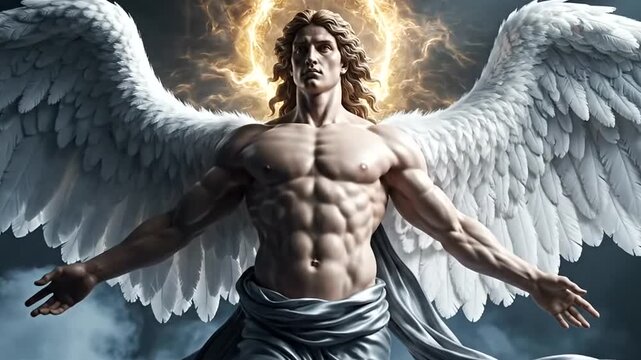 Muscular angel with white wings flying.