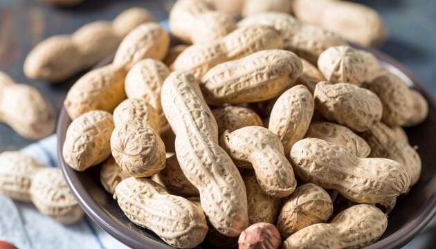Close-up of whole roasted peanuts in their shells in a brown bowl.