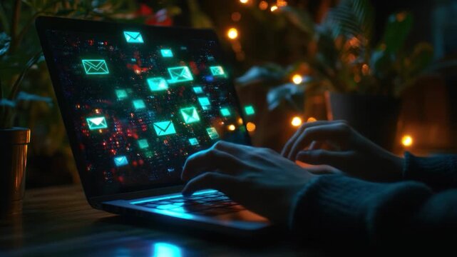 A person types on a laptop with glowing email icons on its screen, set in a cozy, dimly lit environment