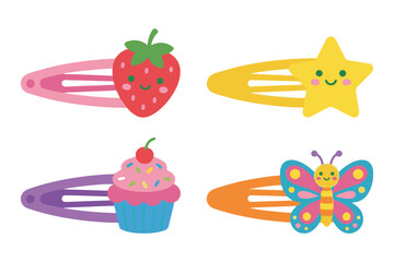 Fototapeta premium Cute hair clip set for girls with strawberry star cupcake and butterfly flat vector illustration