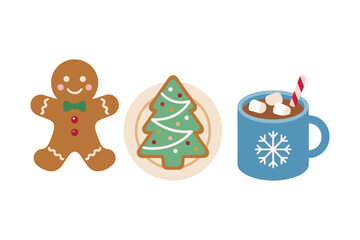 Fototapeta premium Sweet Christmas treats set with gingerbread man cookie and hot chocolate flat vector illustration