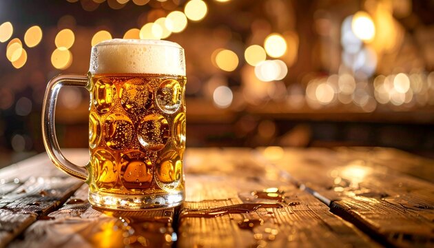 Cold Glass of Lager Beer on a Rustic Wooden Table in a Pub at Night