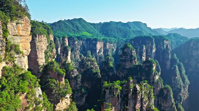 Aerial view of the unique quartzite sandstone pillars at Zhangjiajie National Forest Park, Hunan, China. 