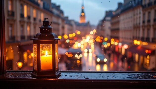 Cozy Candle Lantern View of Rainy Paris Street at Dusk