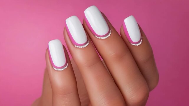 Close-up of a manicured hand with white and pink nails adorned with crystals, on pink background