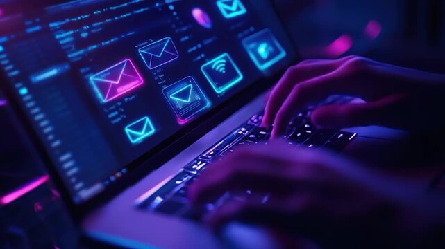 Hands typing on a laptop with glowing email icons and code.  Blue and pink lighting