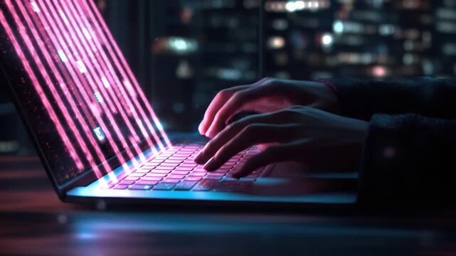 Hands typing on lit laptop keyboard, overlaid with streaming data, night cityscape in background