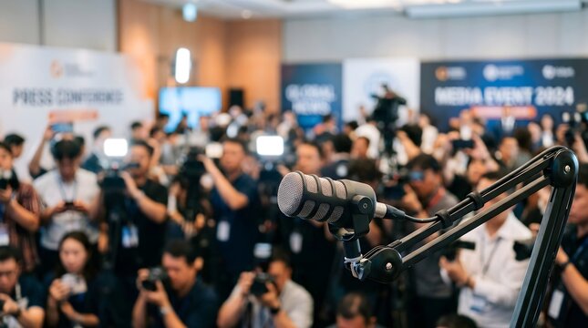 Professional microphone in focus with a crowd of journalists, photographers, and media professionals gathered at a global news conference event, Concept World Press Freedom Day.