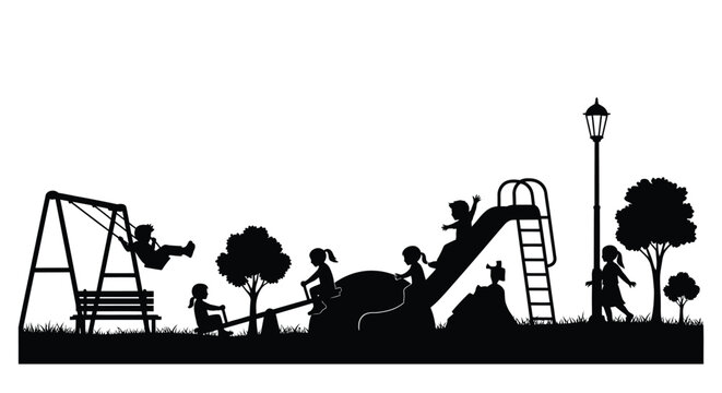 Children playing on a playground at sunset a striking silhouette