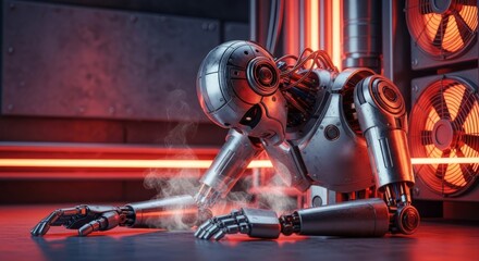 A deactivated metallic robot sits slumped in a dark industrial facility, surrounded by faint smoke and cooling mechanical components, machine, damaged, tech