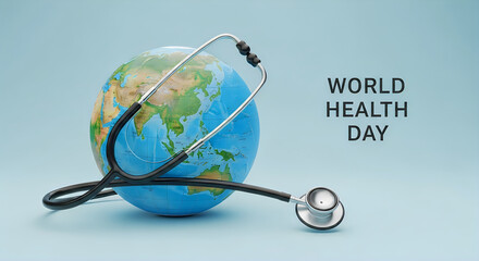 A stethoscope encircling a globe representing the global medical awareness for world health day