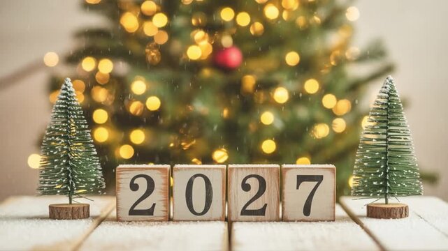 New Year Countdown 2027 Wooden Blocks Festive Christmas Tree Bokeh Lights Cinematic Motion