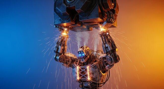 Heavy metallic industrial robot struggles to lift a massive weight, its mechanical frame buckling and sparks flying under intense pressure, movement, fiction, struggle