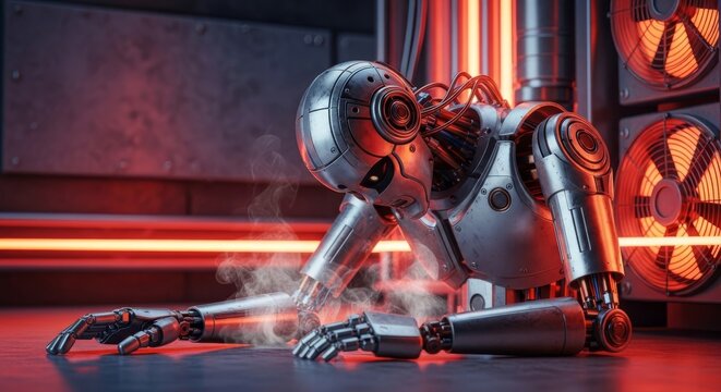 A deactivated metallic robot sits slumped in a dark industrial facility, surrounded by faint smoke and cooling mechanical components, machine, damaged, tech