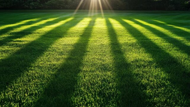 Sunlit meadow with strong shadows and lush, green grass. The sun's rays cut across the lawn
