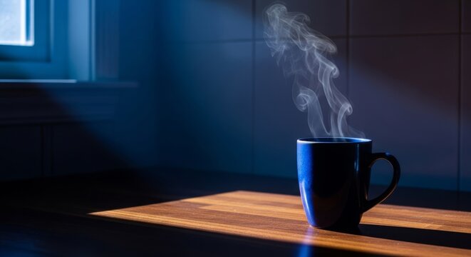A steaming ceramic mug sits on a wooden kitchen counter in a dimly lit room. Cold moonlight and shadows fill the quiet space late at night, table, mug, drink