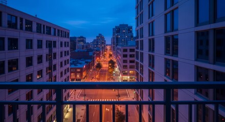 Fototapeta premium A view from a high balcony railing overlooks empty metropolitan streets at dusk, showing quiet architecture and peaceful urban atmosphere, pavement, serene, peaceful