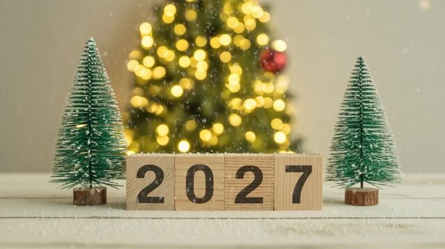 Festive New Year 2027 Celebration with Miniature Christmas Trees and Bokeh Lights