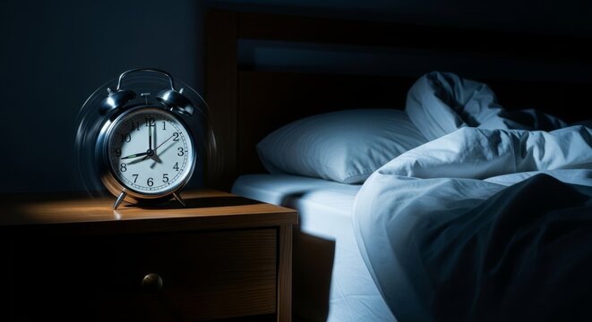 A ticking clock on a bedside table next to an unmade bed in a dark room where late night shadows create a feeling of quiet restlessness, shadow, evening, home