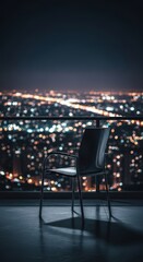 Fototapeta premium An empty chair rests on a dark balcony overlooking a twinkling city at night, capturing a quiet sense of wakefulness and deep reflection, midnight, floor, landscape