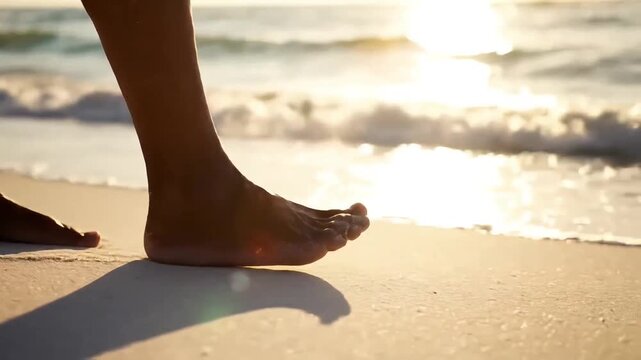 Bare feet walk on soft sand during a breezy summer evening. Golden hour sun creates a nostalgic, emotionally resonant mood.