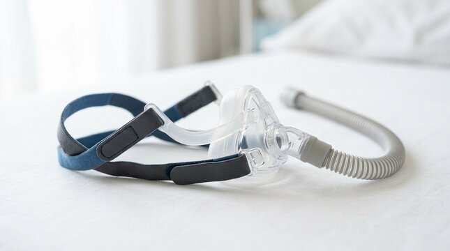 Close-up of a CPAP machine mask on a clean white surface for sleep apnea, no text, no logos, no faces, World Health Day sleep health concept for healthcare brand or medical editorial, commercial use