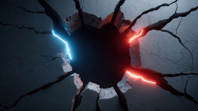 Cracked concrete ceiling with circular hole illuminated by blue and red neon light, dramatic damaged surface and jagged fissures creating moody contrast and depth
