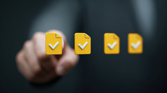 Yellow document icon with checkmark representing verified digital file and compliance concept with blurred hand pointing in background