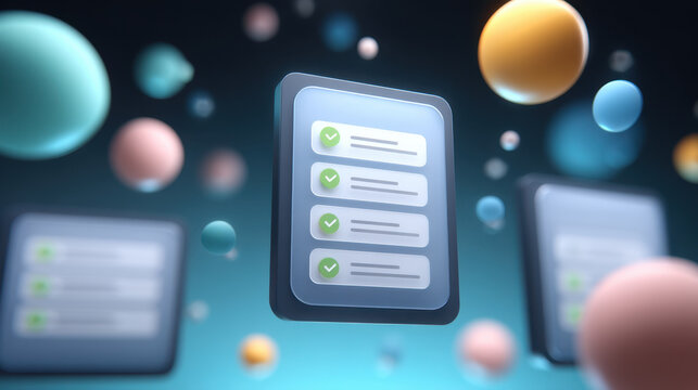 Checklist icon checklist task list productivity app interface with glowing cards and colorful floating spheres conveying organization and focus