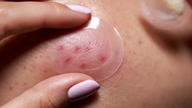 Close Up Macro Of Hand Applying Clear Hydrocolloid Acne Patch To Blemished Skin With Red Spots For Pimple Treatment And Skin Care Routine