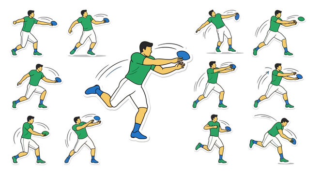 Illustration of a man throwing a frisbee, showing the full sequence of motion from wind-up to release, with multiple smaller figures demonstrating each step.