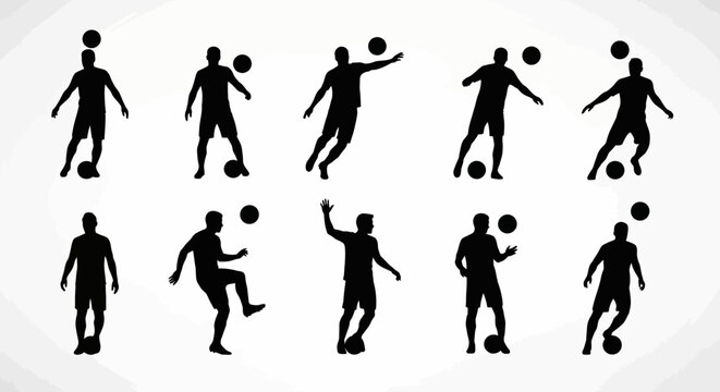 Silhouettes of soccer players in various action poses with a football, illustrating different dribbling, kicking, and juggling techniques on a white background.