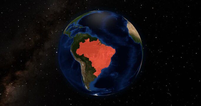 Brazil on the Globe. Zoom into the country with the Earth spinning in space. High detail physical world map with Brazil on it. Country view animation. Elements of this image furnished by NASA.