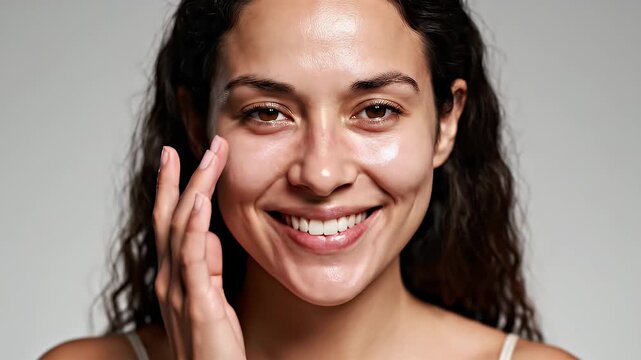 Close-up of a woman's face applying a pink exfoliating scrub during a skincare routine with soft studio lighting and a clean grey background