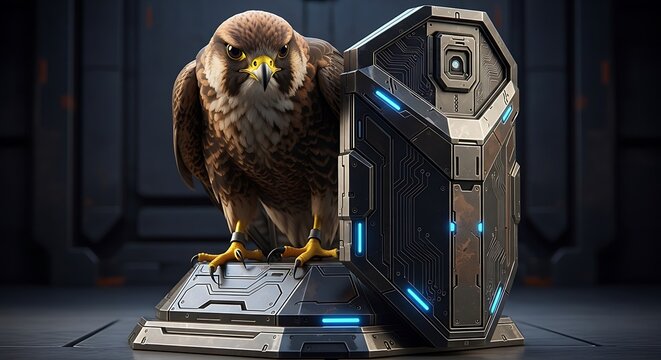 Cybersecurity Concept with Hawk and Secure Server &ndash; Futuristic Data Protection Symbol, Technology Defense System, Digital Security Illustration with AI Guardian Bird in Modern Tech Environment