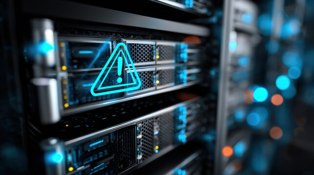 Blue warning icon overlay on rack server front indicating alert and maintenance needed in data center environment with glowing status lights
