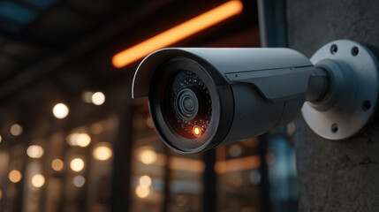 Security camera mounted on exterior wall overlooking urban entrance with warm bokeh lighting and nighttime surveillance atmosphere, modern bullet camera with visible lens and infrared indicator