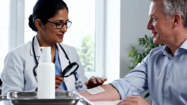 Dermatologist Examines Patient Arm For Allergy Test Patch In Medical Office With Natural Light Professional Healthcare Examination