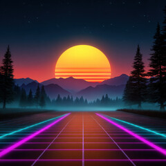 Obraz premium Neon grid road leading toward glowing retro sun over misty pine forest and layered mountains at dusk, vibrant purple teal horizon and starry sky evokes nostalgic calm
