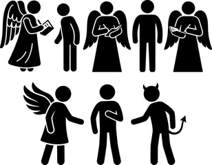Obraz premium Moral Choices and Divine Influence: An Icon Set Depicting Angels, Demons, and Human Decision-Making.