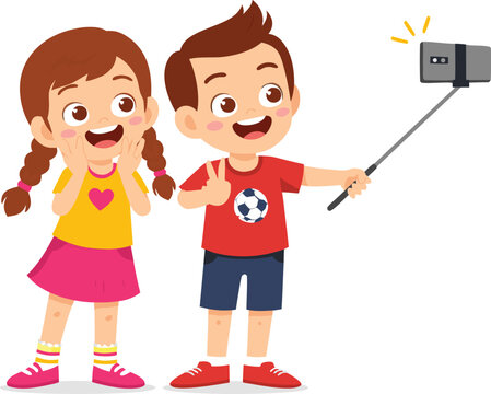 Happy kids taking selfie with smartphone on selfie stick, boy and girl smiling showing peace sign gesture, friendship fun vector illustration isolated. Ideal for social media, technology etc.