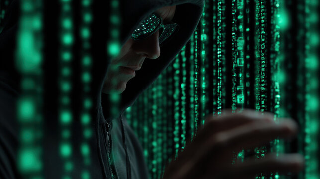 Hacker in hood with reflected green code on glasses and cascading digital matrix, cyber intrusion concept conveying tension and focus