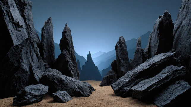 Mysterious rocky canyon path flanked by jagged weathered spires under moody blue light conveying dark fantasy atmosphere