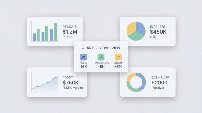 Clean financial dashboard showing quarterly overview with revenue widgets, pie and bar charts, KPI cards displaying M K K K, minimalist gray background, soft pastel accents, crisp typography,