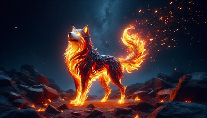 Obraz premium 3d rendering of a wolf in the dark with fire and smoke