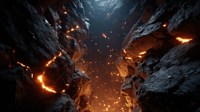 Glowing molten fissures carve dark subterranean cavern walls as embers float upward toward distant light, creating dramatic volcanic atmosphere with textured rock and warm orange glow