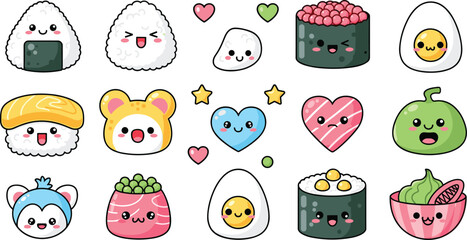 Cute kawaii sushi and Japanese food vector set featuring adorable onigiri, nigiri, maki rolls, and boiled egg characters with smiling faces © Bappi