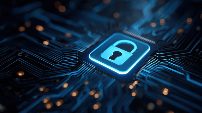 Blue lock padlock circuit board security icon glowing microchip with data flow conveying digital protection and encrypted network safety