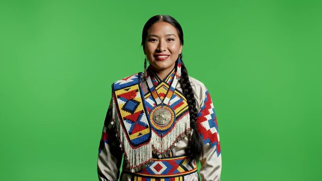 Young Native American Woman Wearing Ornate Beaded Traditional Clothing and Headdress Smiling Against a Green Screen Background
